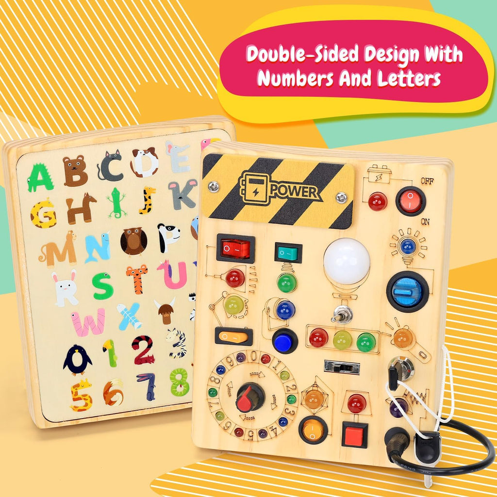 Busy Board with LED Light Switches, Montessori Toys for 1 2 3 Years Old, Toddlers Wooden Toy Sensory Activity Board