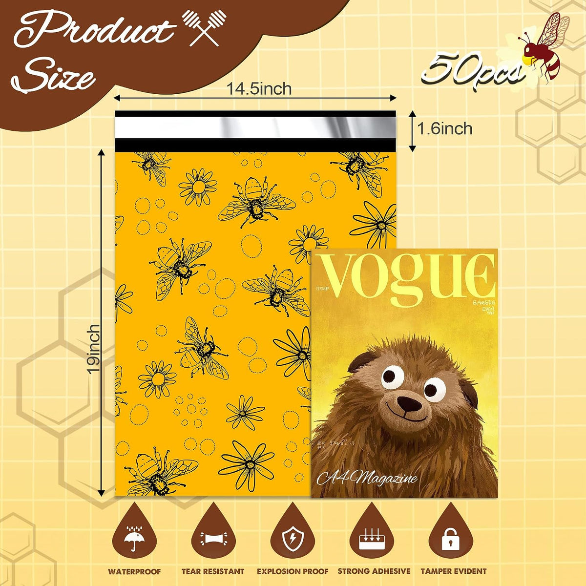 Cute Poly Mailers 14.5x19 Inch 50 Pcs, Bees Printed