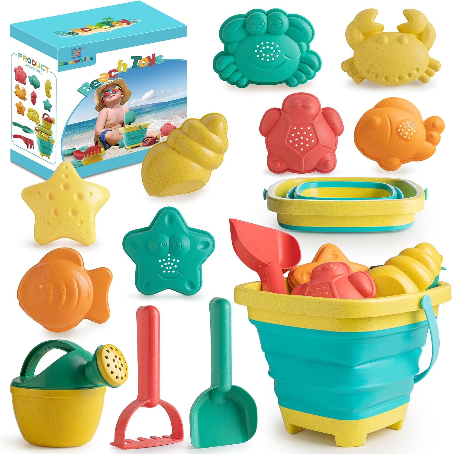 Beach Toys for Kids 12 PCS - Collapsible Sand Toys Set for Toddlers | Sand Toys Set Includes Collapsible Sand Bucket