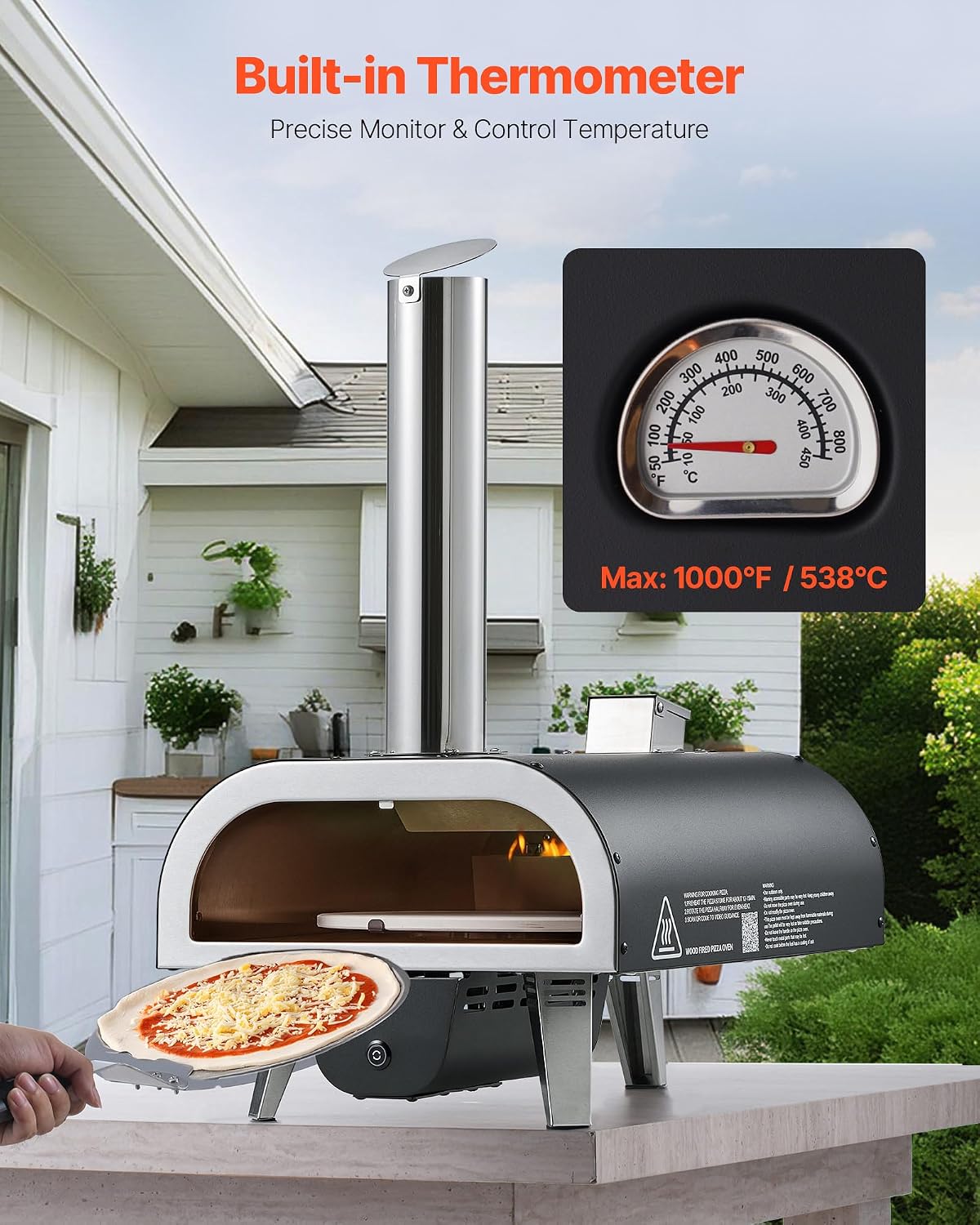 Wood-Fired Pizza Oven Outdoor, 12" Auto Rotate Pizza Ovens, Portable Pellet Pizza Maker with Thermometer & Electric