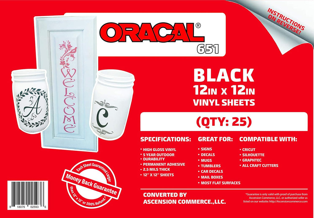 651 Black Adhesive Craft Vinyl for Cricut, Silhouette, Cameo, Craft Cutters, Printers, and Decals - 12" x 12" Sheets