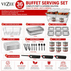 36 Piece Disposable Chafing Dish Buffet Serving Set with 3 Water Pans, 6 Half Size Food Pans, 3 Wire Racks, 6 Fuel