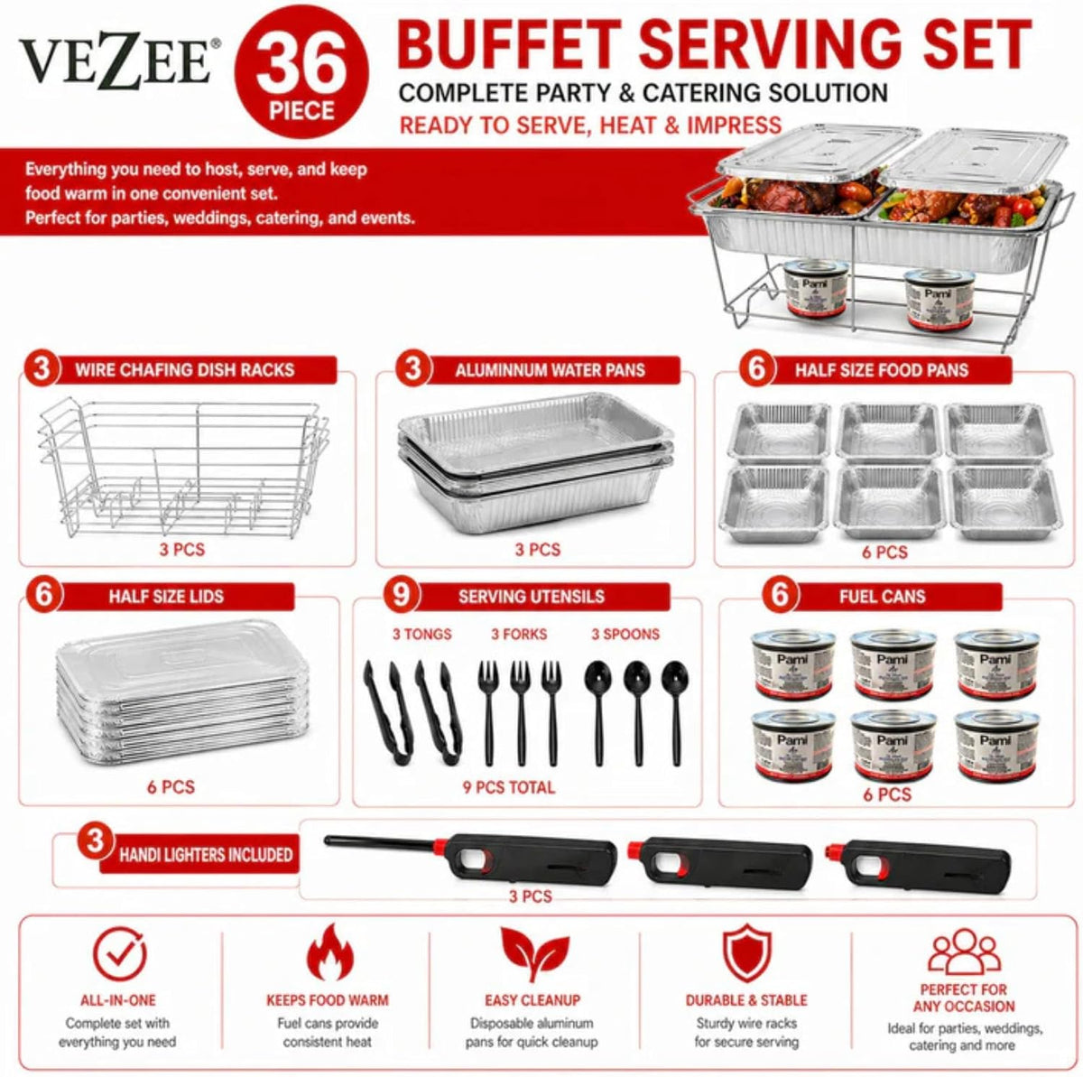 36 Piece Disposable Chafing Dish Buffet Serving Set with 3 Water Pans, 6 Half Size Food Pans, 3 Wire Racks, 6 Fuel