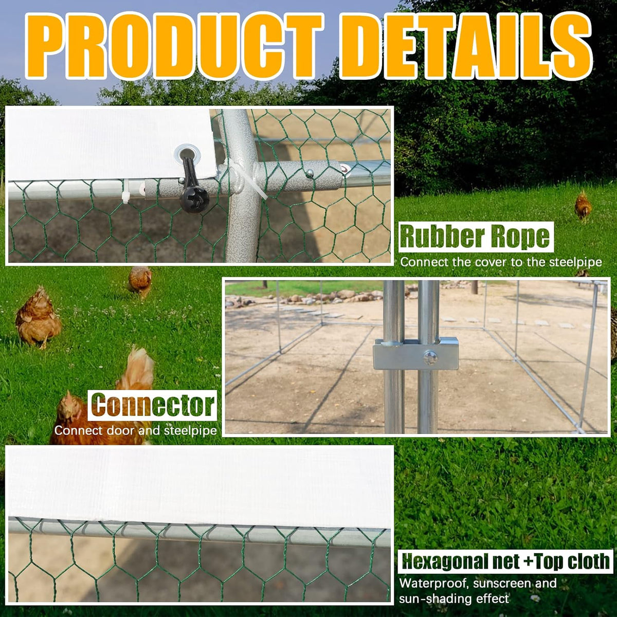 Large Metal Chicken Coop Walk-in Poultry Cage Hen Duck Run House with Waterproof & Anti-UV Cover Galvanized Rabbits