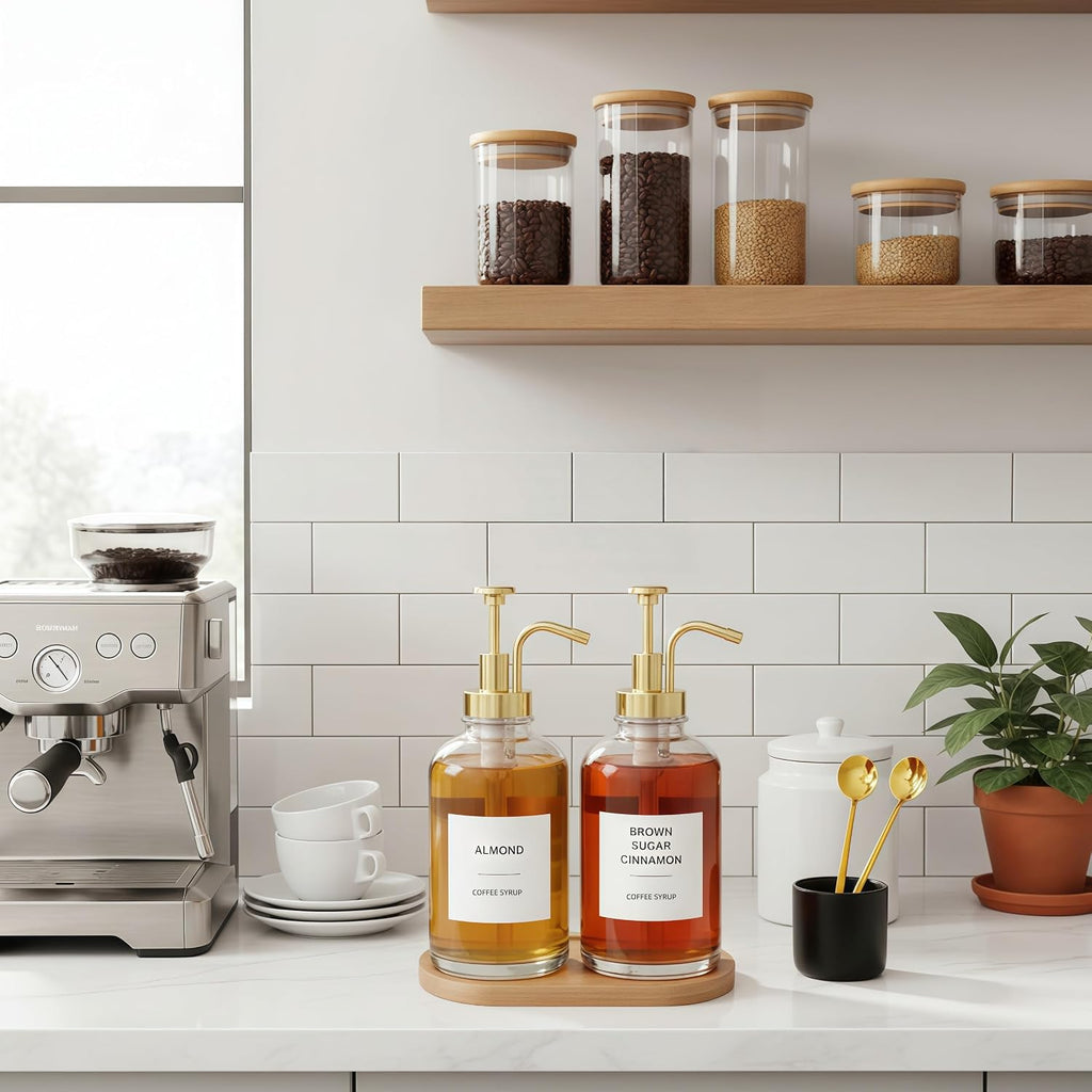16.9oz Coffee Syrup Dispenser with Coffee Spoons & Bamboo Tray,2 Pack