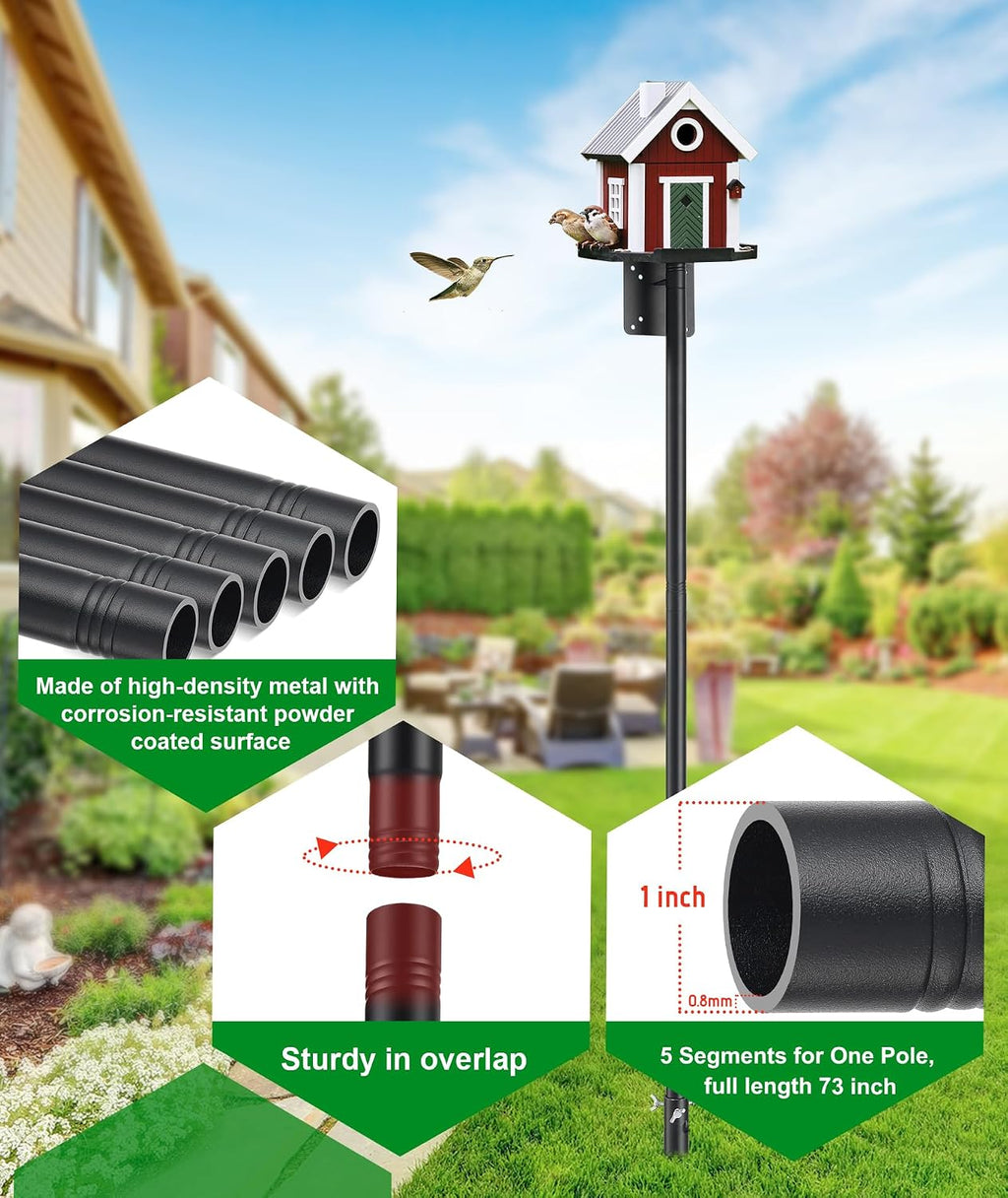 Heavy Duty Bird Feeder Pole - 73 Inch Adjustable 1 Inch Metal Bird House Pole with 14” Deep Auger Base | Outdoor