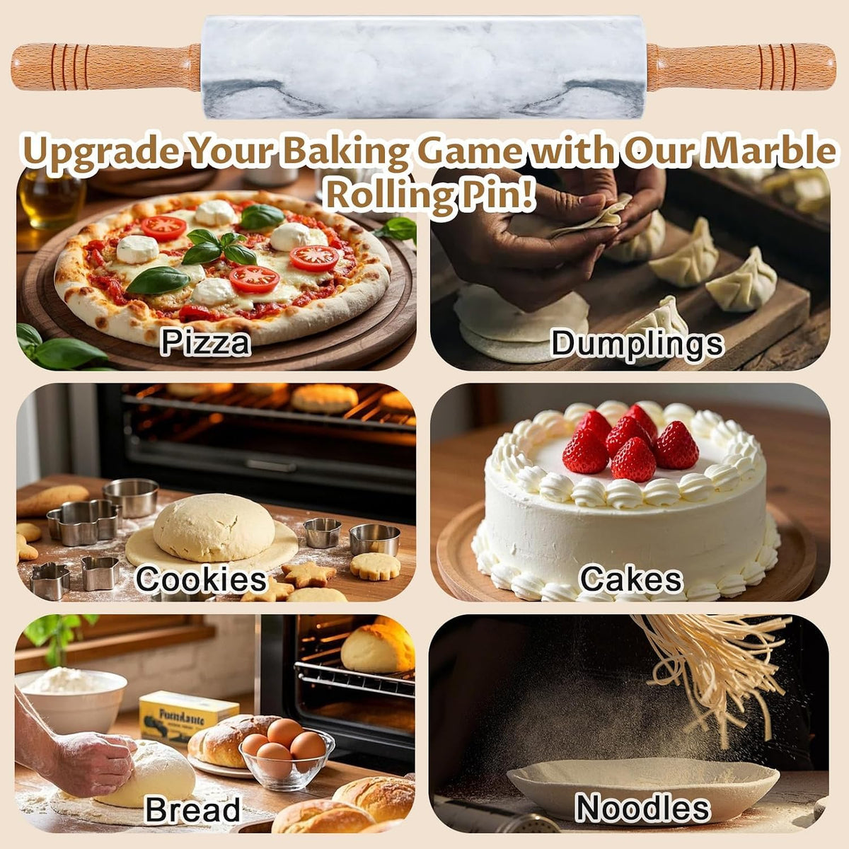Marble Rolling Pin - 18.9" Marble Rolling Pins for Baking, Pastry, Pizza Dough & More - Polished Non-Stick Surface