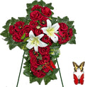 Cemetery Flower for Grave Decorations, Memorial Floral Cross with Easel Stand,Headstone Wreath-Red Rose