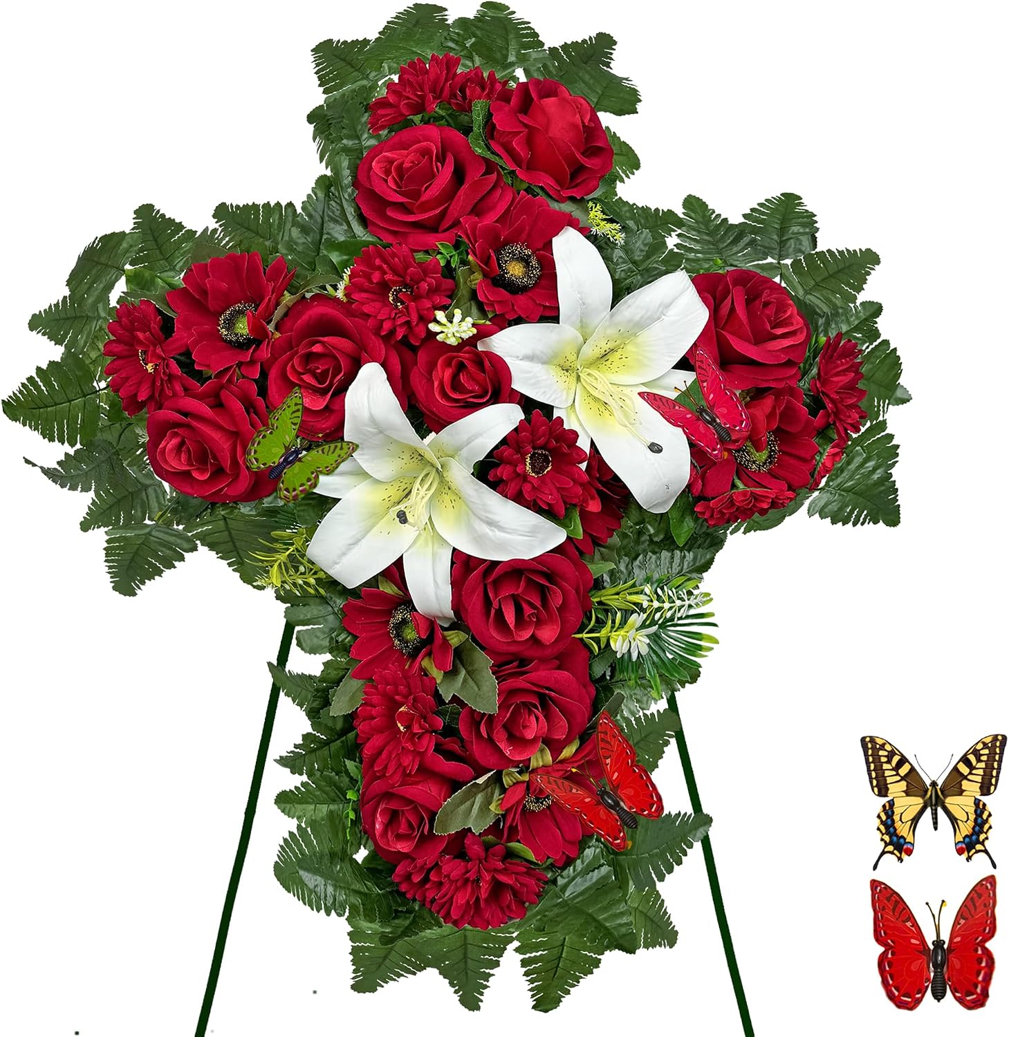Cemetery Flower for Grave Decorations, Memorial Floral Cross with Easel Stand,Headstone Wreath-Red Rose