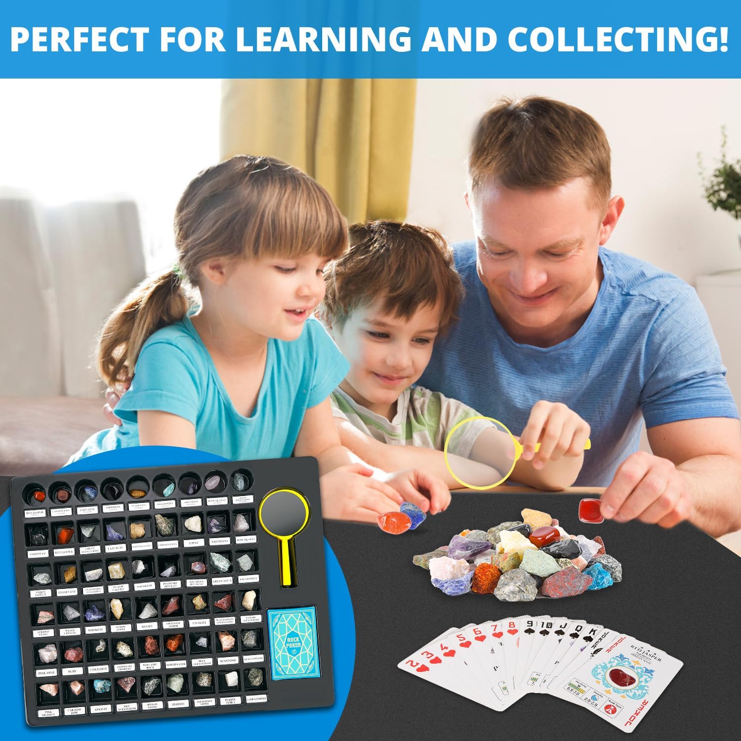 Rock Collection Starter Kit, 54 Rocks & Minerals with Name Labels | 9 Polished Gems, 45 Crystals & Stones, Rock ID