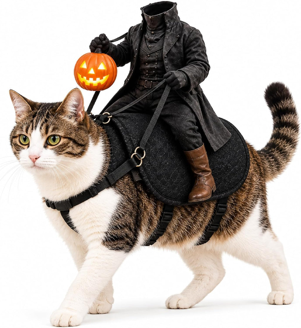 Headless Horseman Cat Costume, Halloween Rider Illusion Pet Outfit