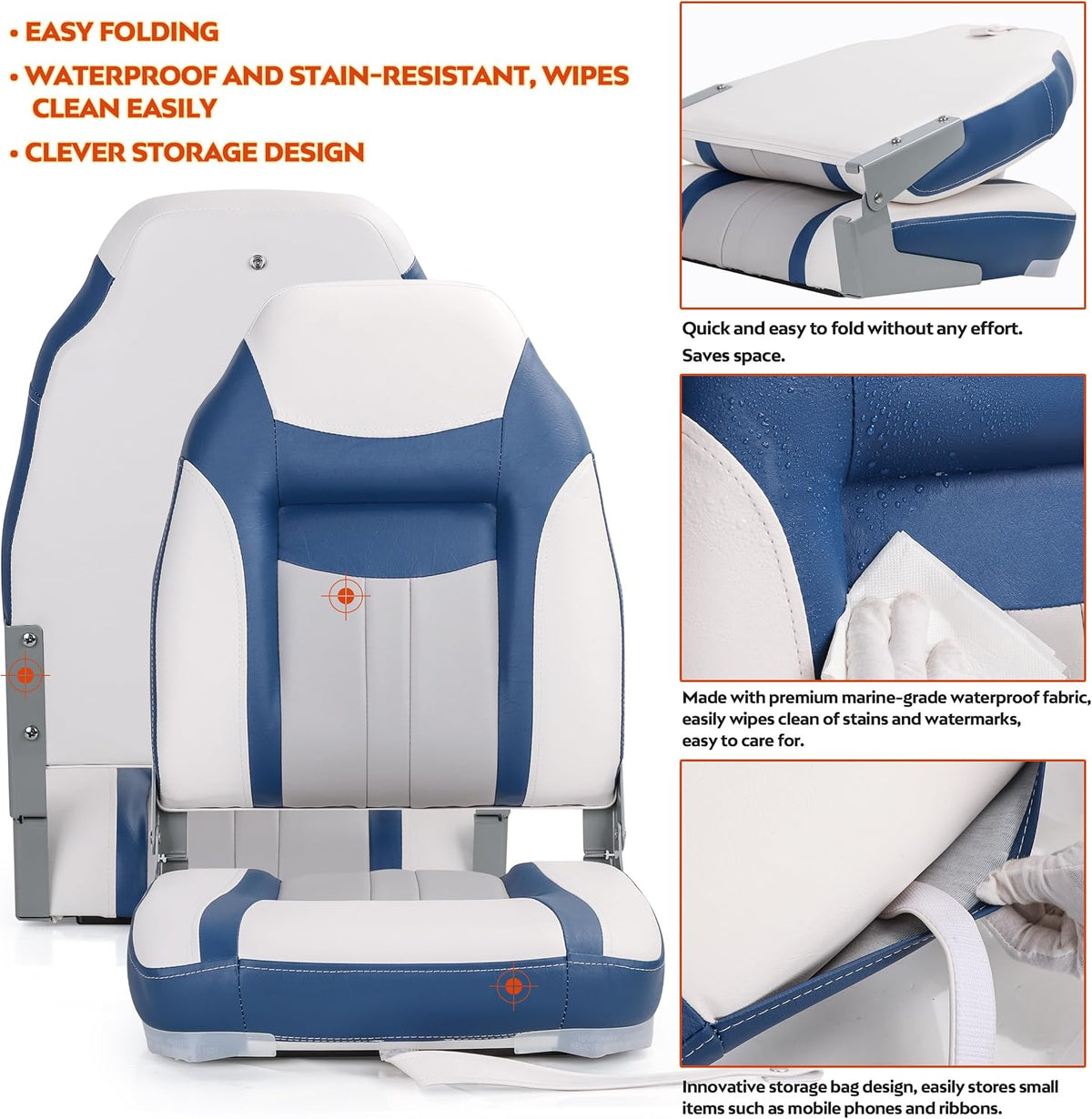 S1 Deluxe A Pair of Marine High Back/Low Back Folding Fishing Boat Seat for Fishing, Bass/Jon/Pontoon Boat Chairs, 4