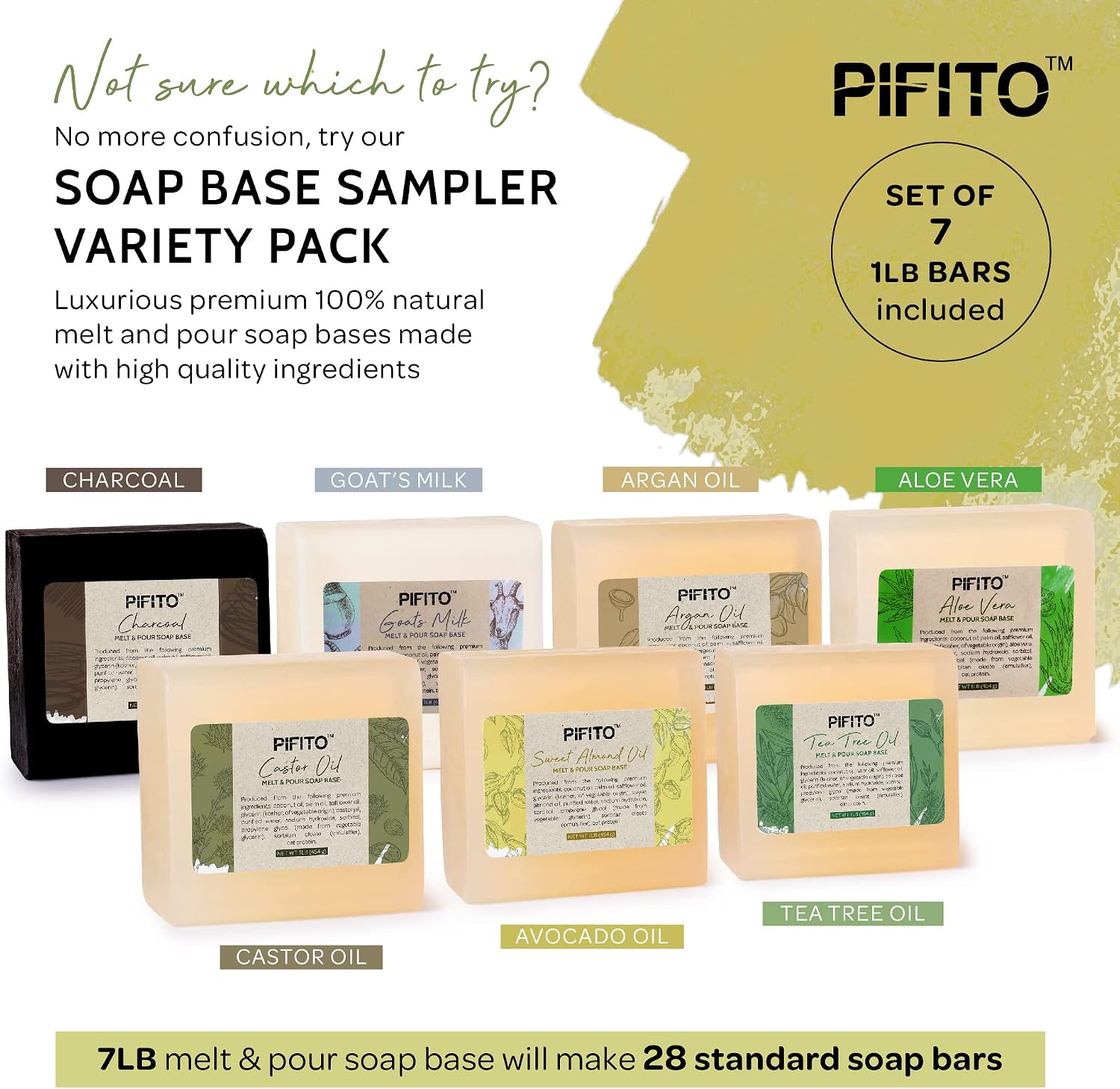 Melt and Pour Soap Base Sampler (7 lbs) │ Assortment of 7 Bases (1lb ea) │ Argan Oil, Avocado Oil, Castor Oil