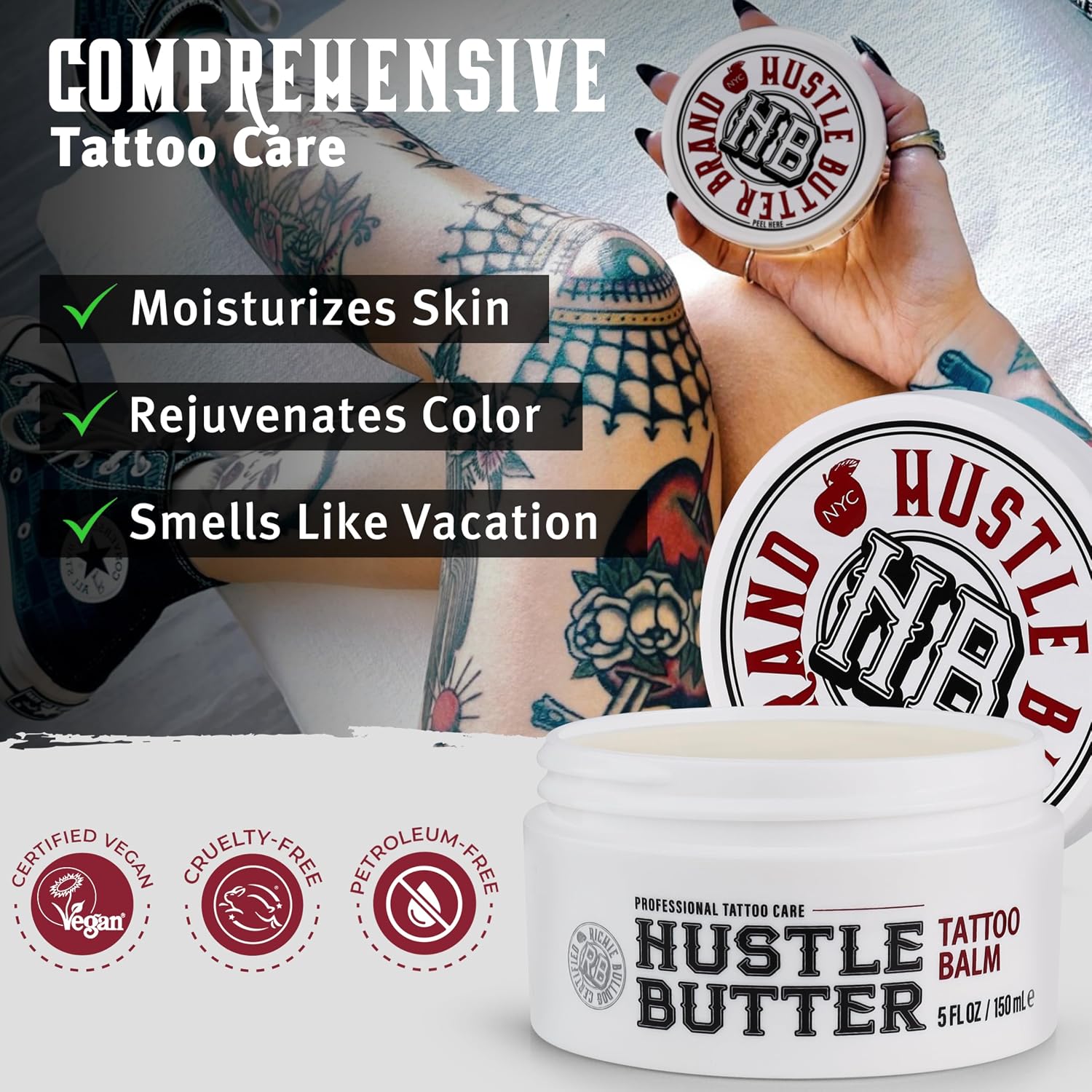 Hustle Butter Tattoo Aftercare 5oz Tattoo Balm, Heals + Protects New Tattoos and Rejuvenates Older Tattoos - 100%