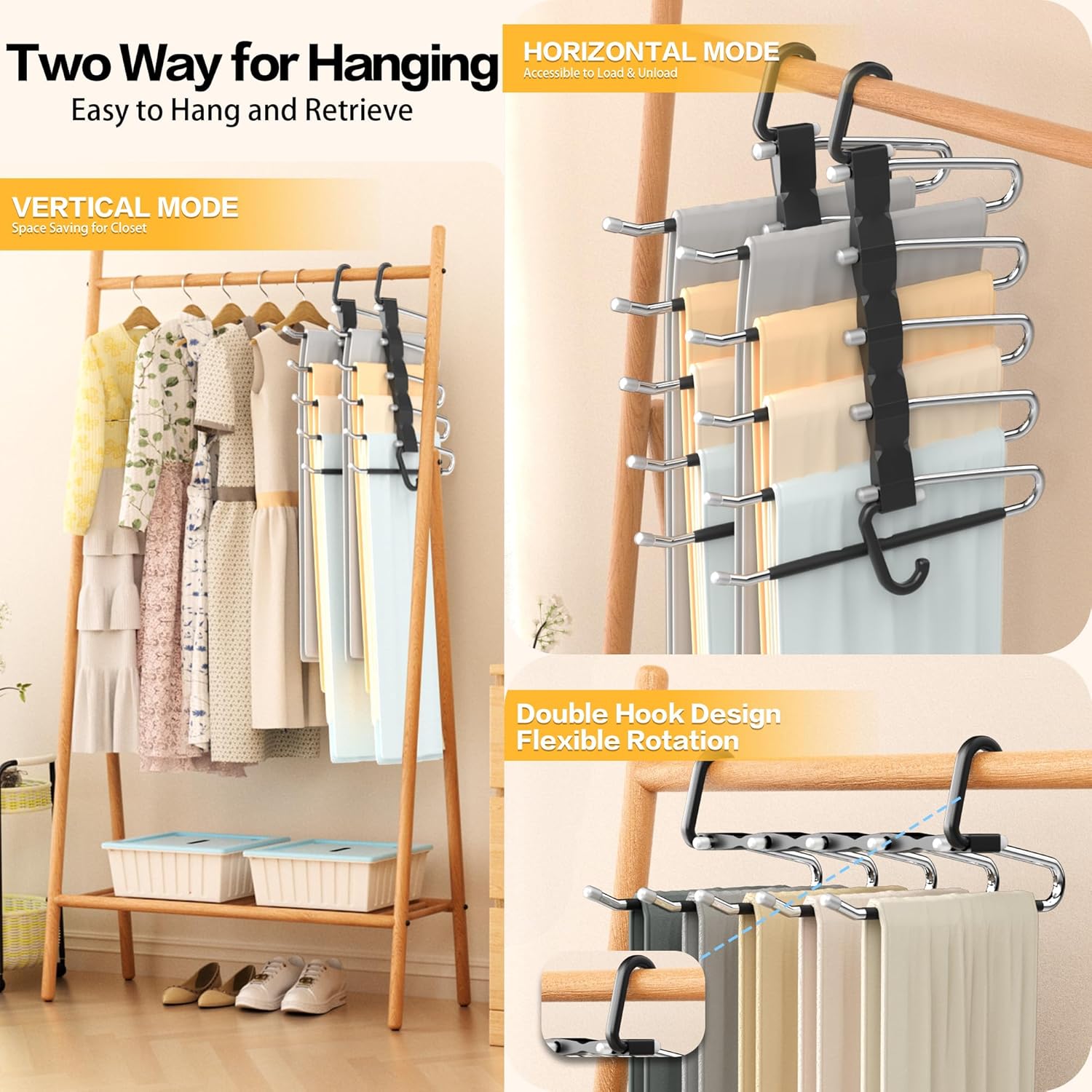 Pants Hangers Space Saving - 2 Pack Closet Organizer and Storage Jean Hangers, Stainless Steel Anti-Slip Clothes