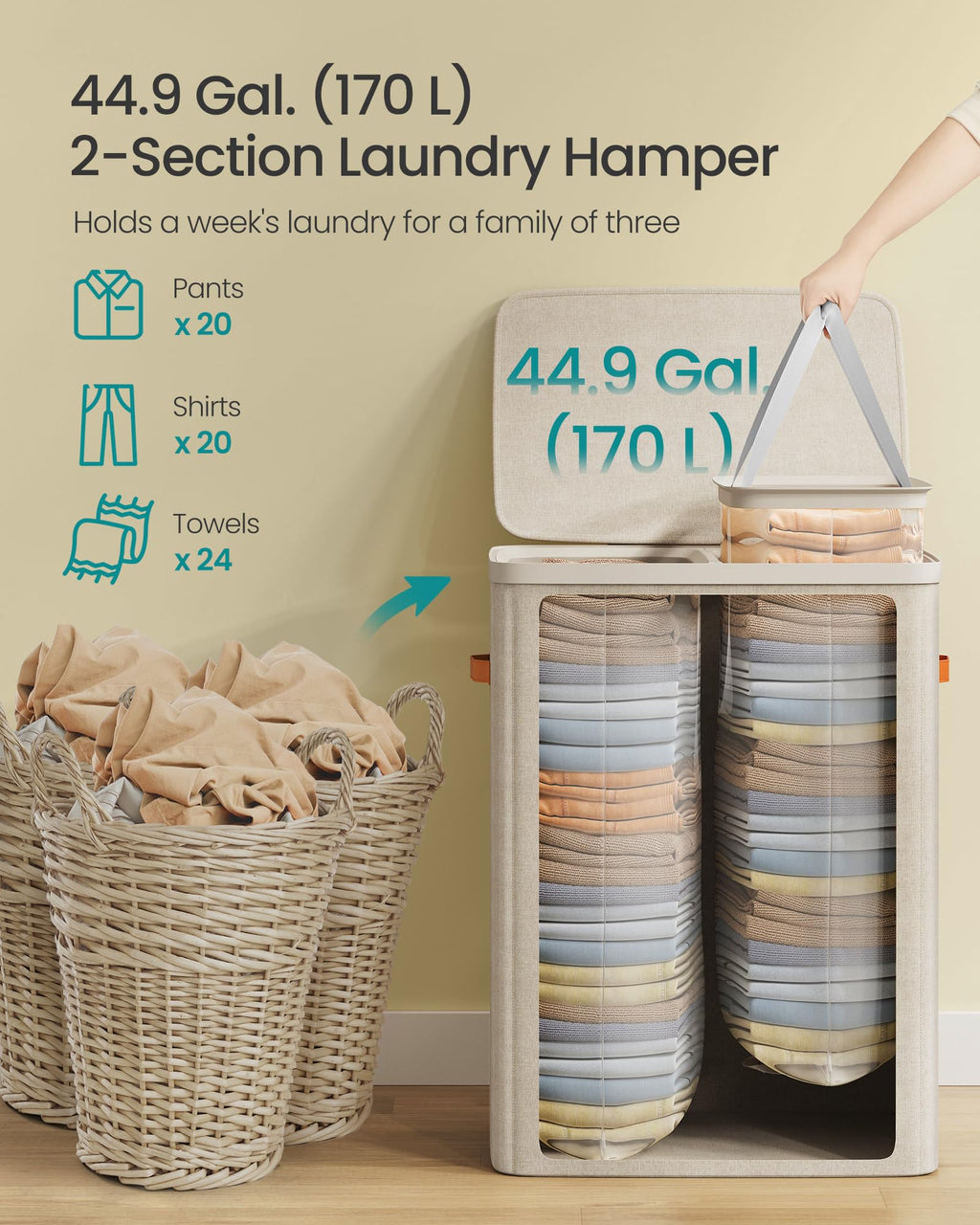Laundry Basket, 170L Laundry Hamper with Lid, 2 Removable Bags