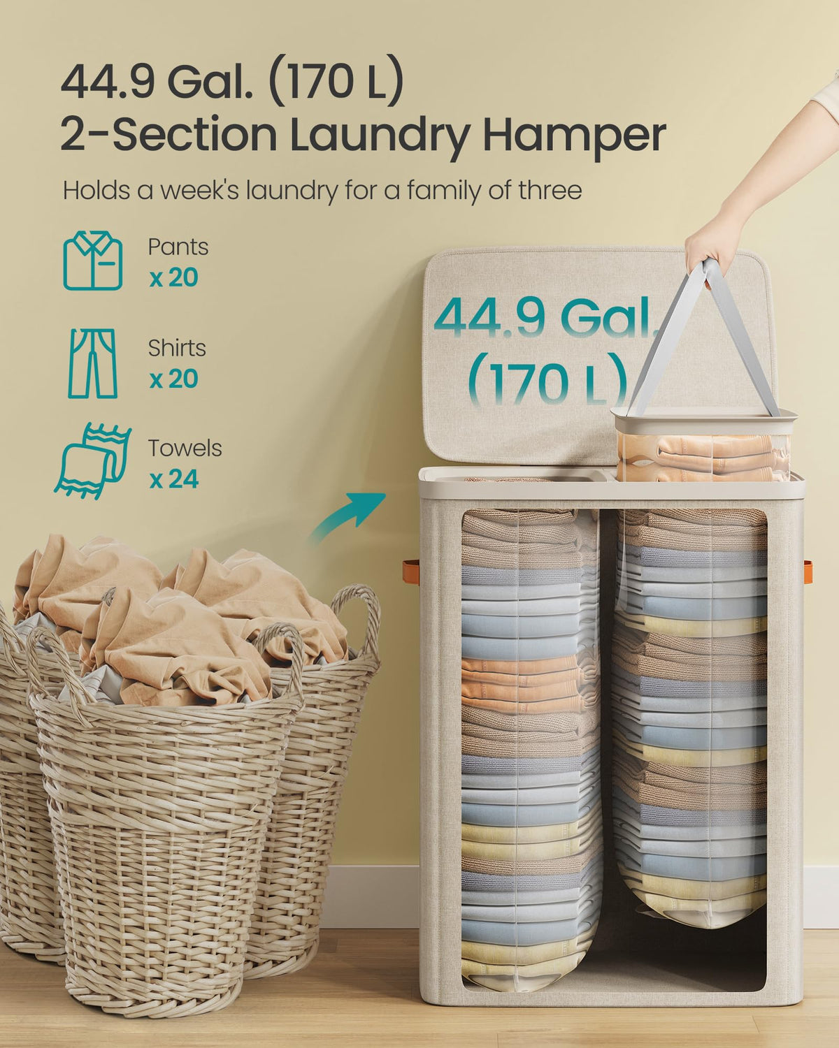 Laundry Basket, 170L Laundry Hamper with Lid, 2 Removable Bags