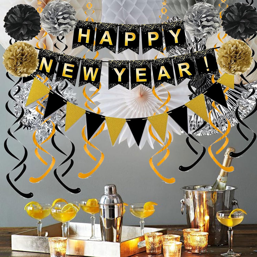 Happy New Year Set Black Banner with Gold Black Paper Flag Bunting Swirl Streamers & Pom Poms for Happy New Year