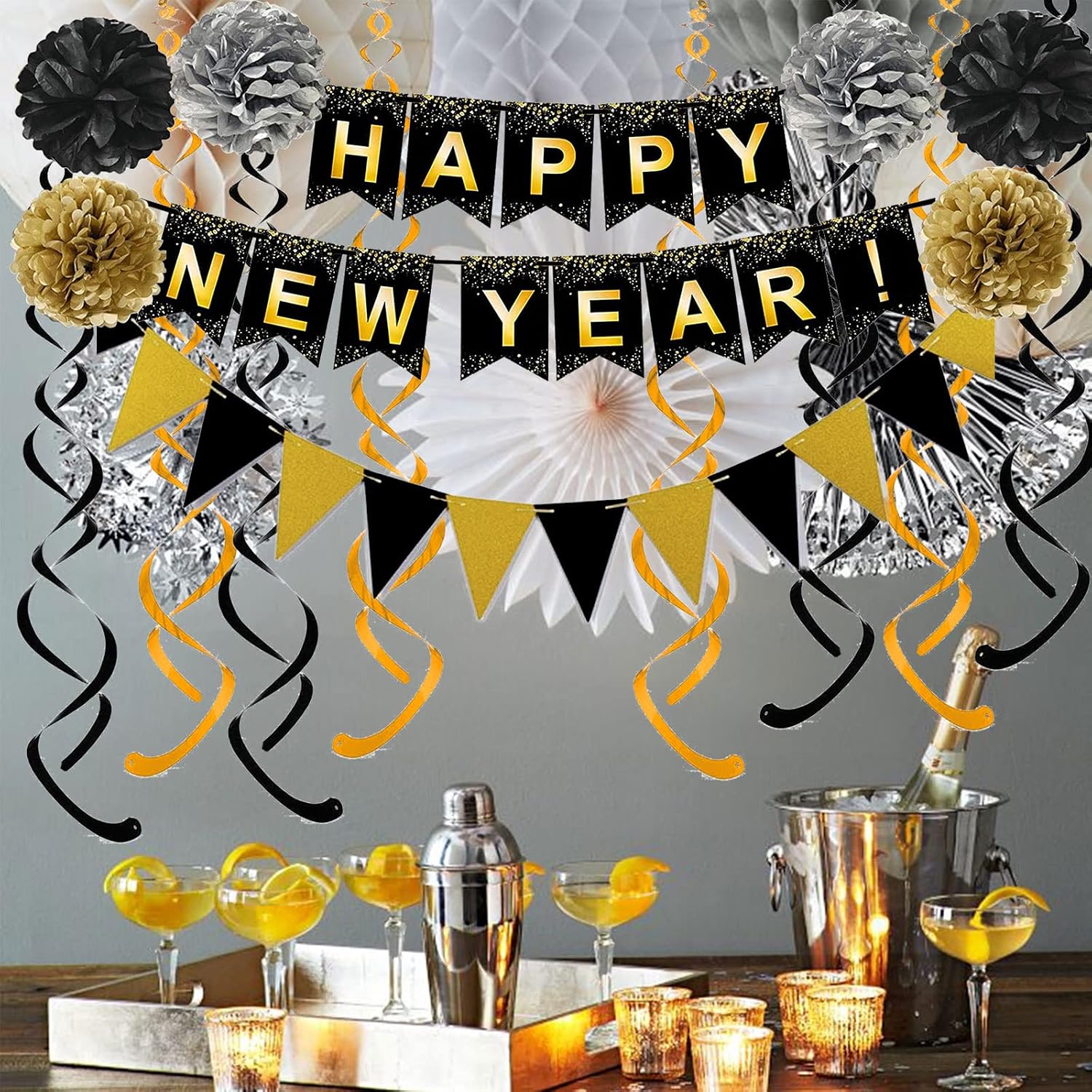 Happy New Year Set Black Banner with Gold Black Paper Flag Bunting Swirl Streamers & Pom Poms for Happy New Year