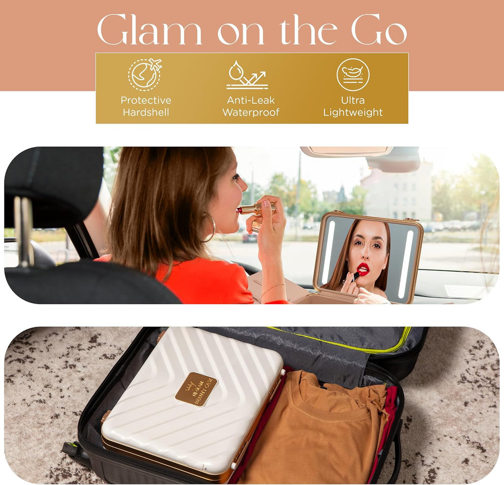 Lighted Makeup Case with Mirror + 10x Mini Mirror - Portable, 3 LED Modes, Adjustable Dividers I Travel Makeup Train