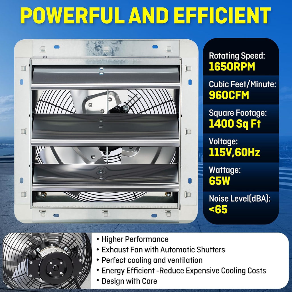 iLIVING 12" Wall Mounted Shutter Exhaust Fan, Automatic Shutter, with Thermostat and Variable Speed controller, 0.6A, 960 CFM, 1400 SQF Coverage Area Silver (ILG8SF12V-ST)