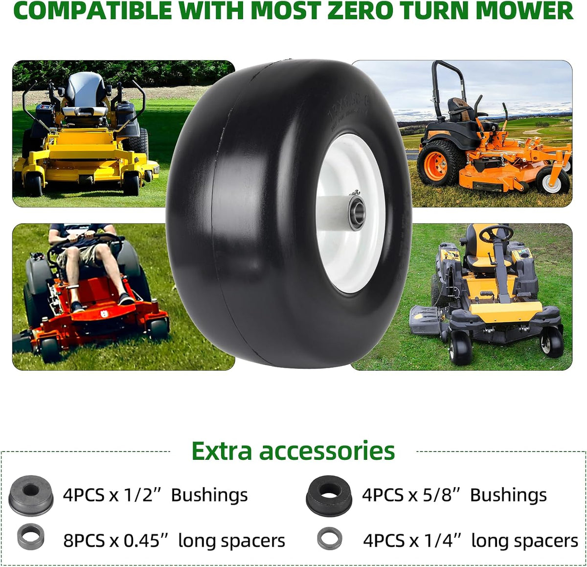 (2-Pack) 13x6.50-6 Flat Free Tire and Wheel - Universal 13x6.5-6 Solid Rubbe Riding Lawn Mower Tire with Rim - With