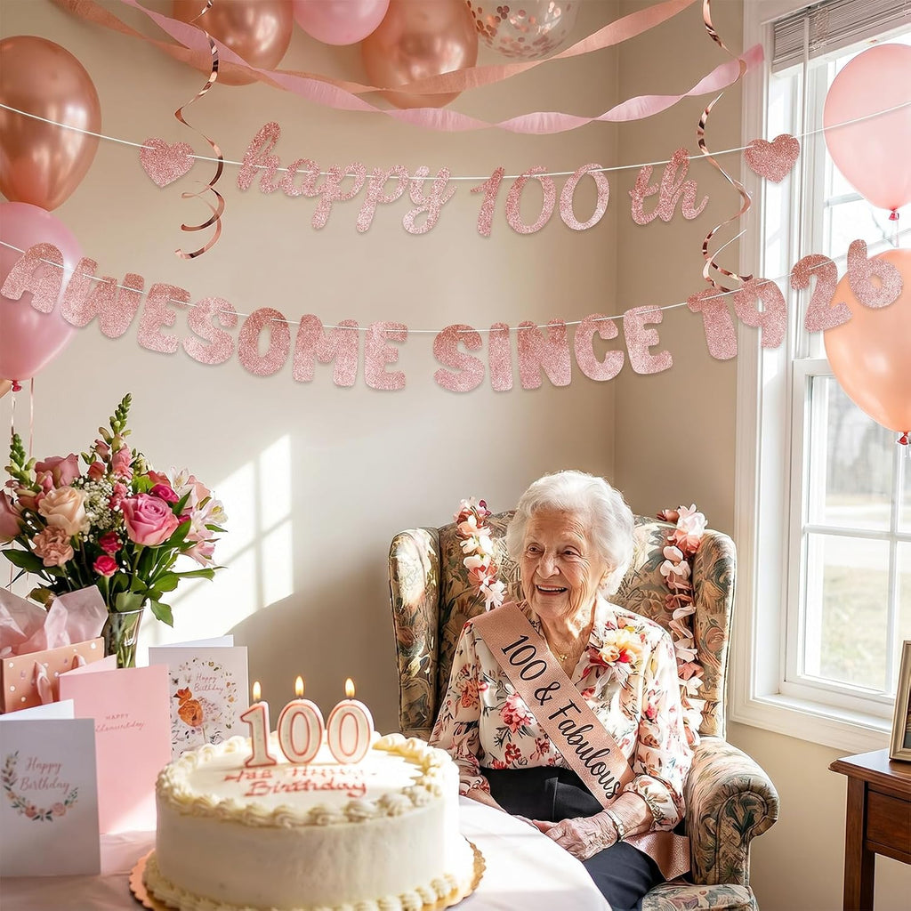 Rose Gold 100th Birthday Decorations for Women - Glittery Happy 100th Birthday Banner, Centenarian Awesome Since 1926