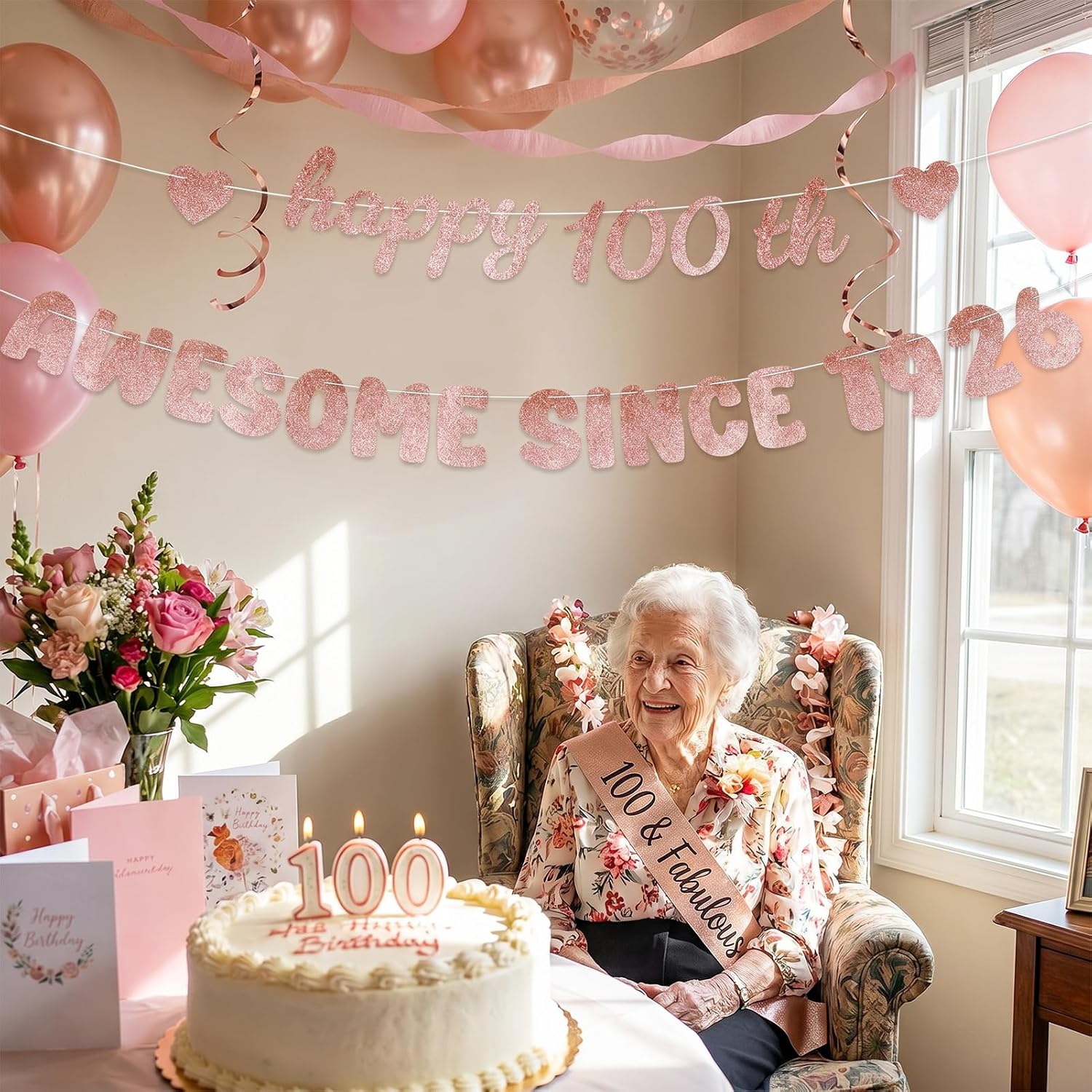 Rose Gold 100th Birthday Decorations for Women - Glittery Happy 100th Birthday Banner, Centenarian Awesome Since 1926