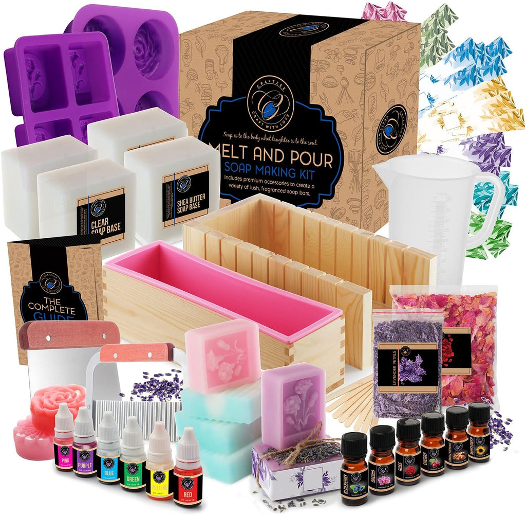 Large 𝗣𝗥𝗘𝗠𝗜𝗨𝗠 Deluxe Soap Making Kit - All-in-One Soap Making Supplies with Soap Base, Soap Cutter Box, Silicone Loaf