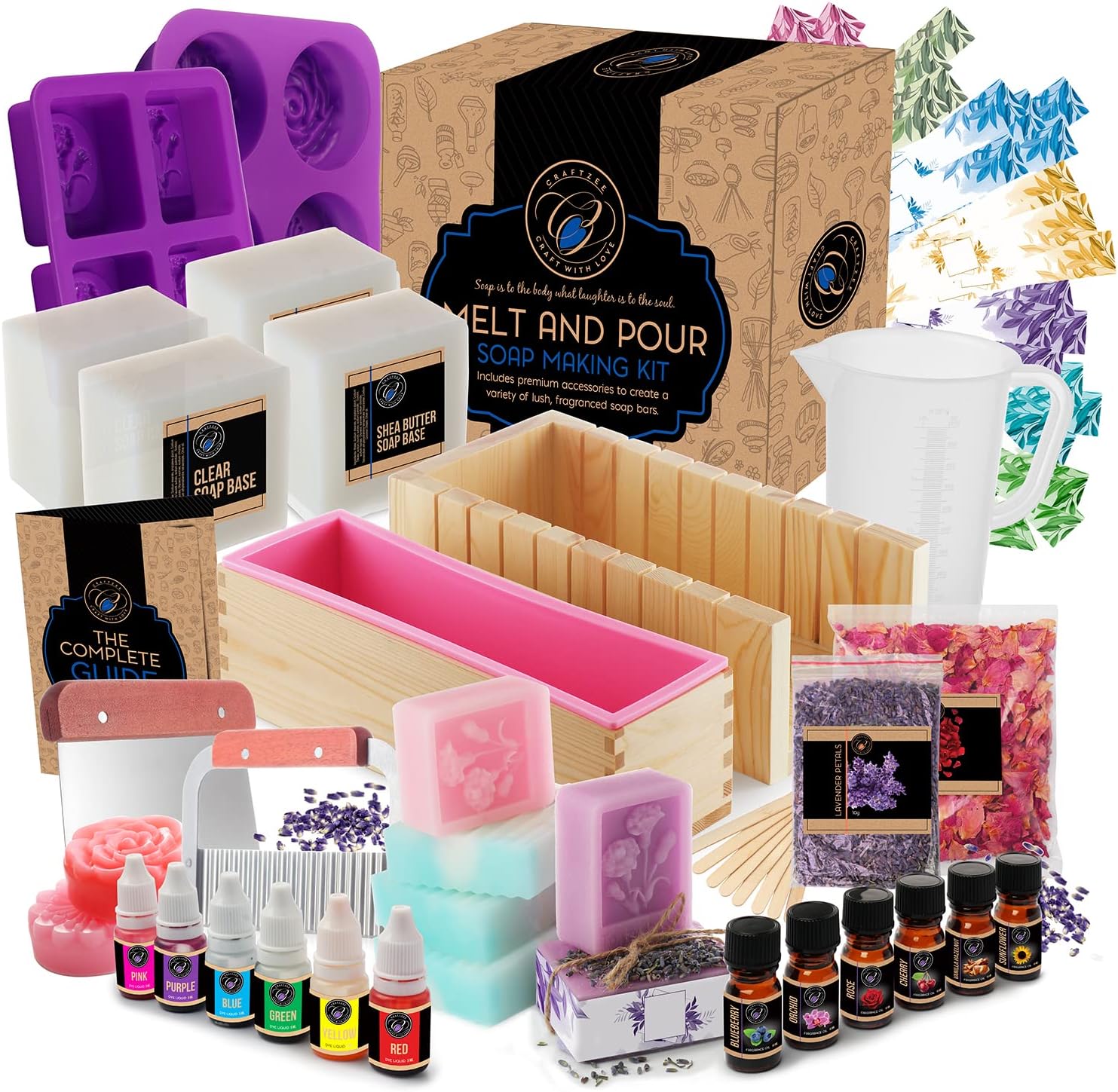 Large 𝗣𝗥𝗘𝗠𝗜𝗨𝗠 Deluxe Soap Making Kit - All-in-One Soap Making Supplies with Soap Base, Soap Cutter Box, Silicone Loaf