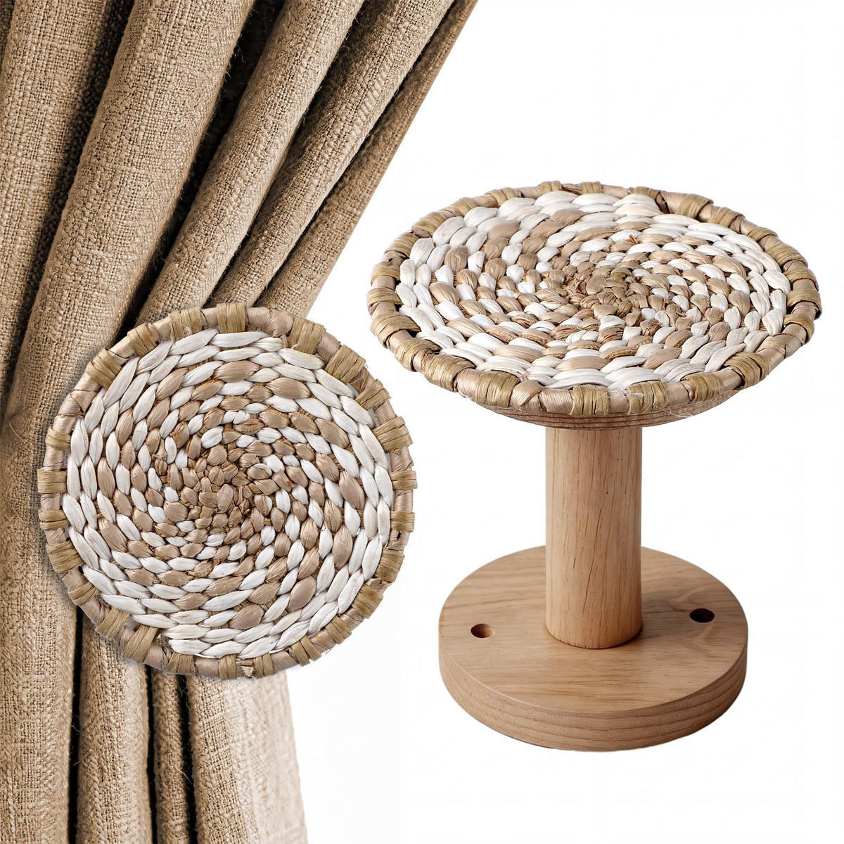 2 Pack Boho Curtain Holdbacks Rattan Tiebacks, Round White