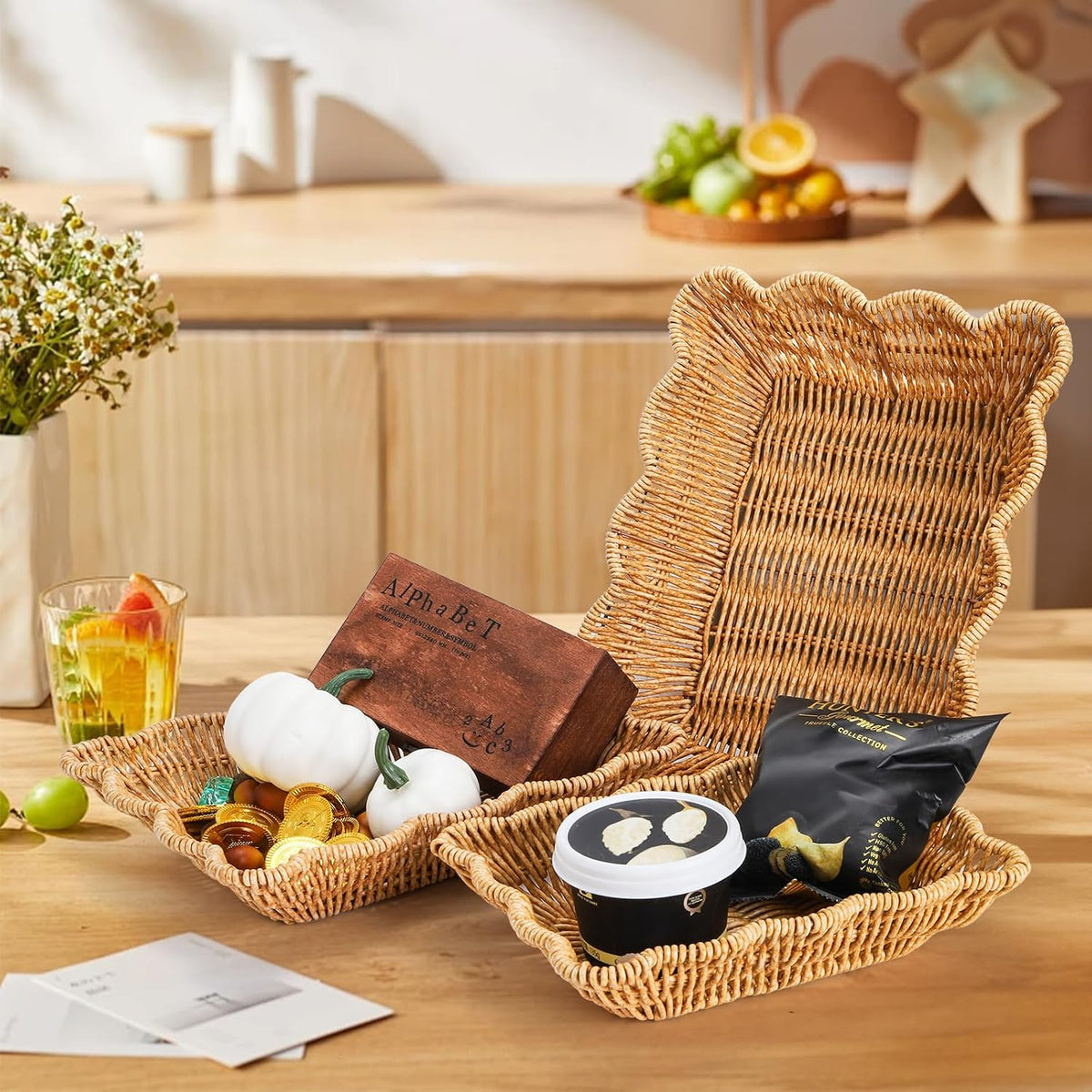 3 Pack Poly Wicker Bread Baskets, Imitation Rattan Fruit Baskets, Rectangular Tabletop Woven Serving Baskets Trays