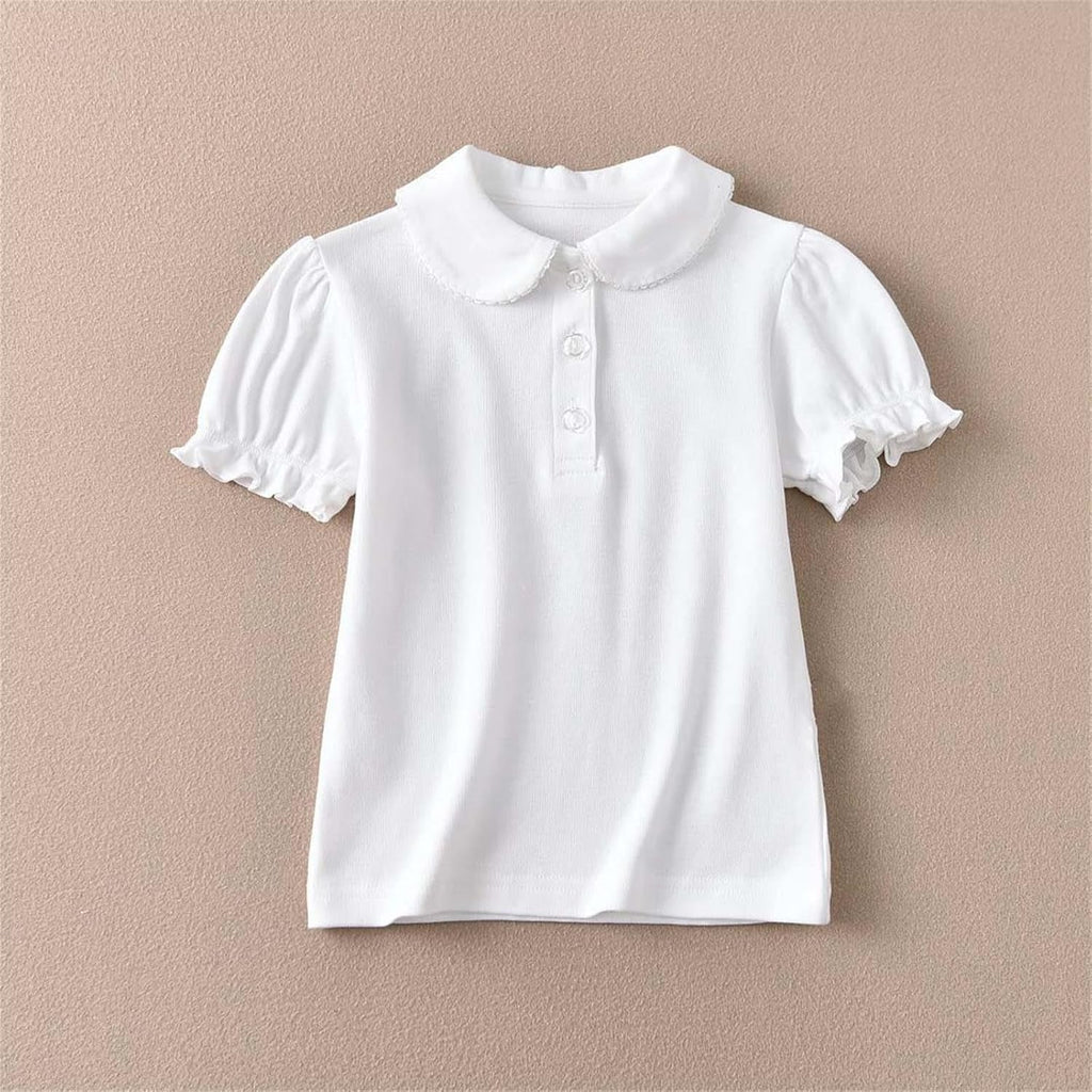 Girls Pure Cotton Polos Puff Sleeve Cute Peter Pan Collar Shirt White | Back to School Clothes for Teen Girls Kids