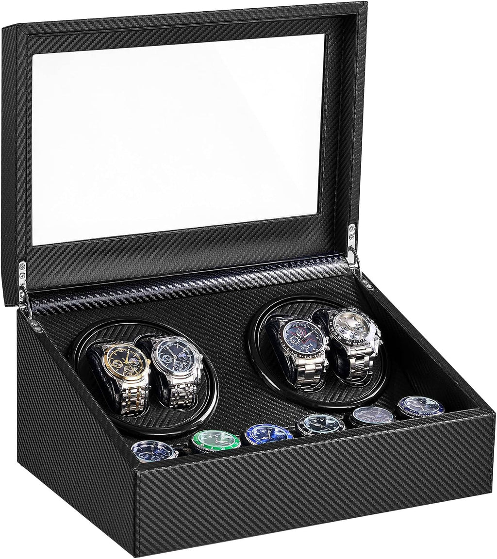 Watch Winder for Automatic Watches, Automatic Watch Winder | 4 Watch Winder with 6 Slots, Carbon Fiber Finish