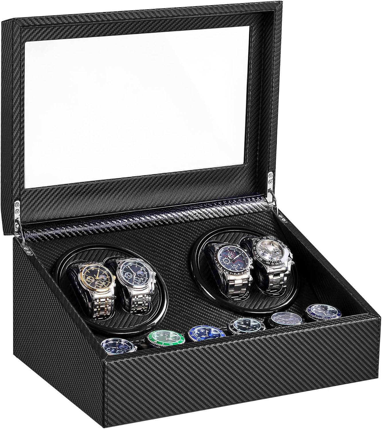 Watch Winder for Automatic Watches, Automatic Watch Winder | 4 Watch Winder with 6 Slots, Carbon Fiber Finish