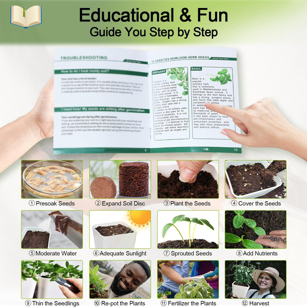 Indoor Herb Garden Kit – 10 Non-GMO Herb Seeds with Soil, Pots & Moisture Meter – Easy Windowsill Gardening Starter