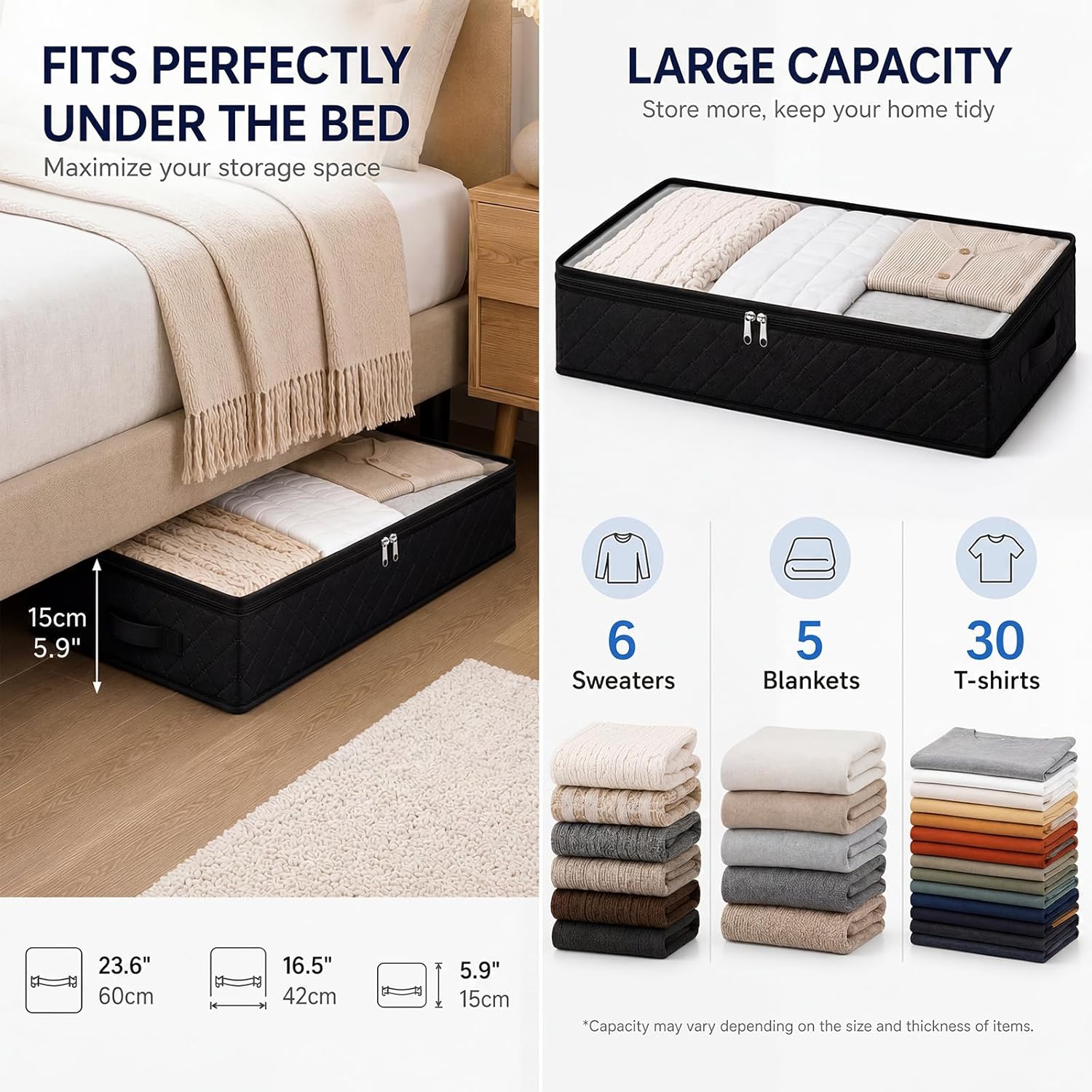 Black Underbed Storage Bags with Clear Window and 2 Reinforced Handles Under Bed Storage Containers for Clothing
