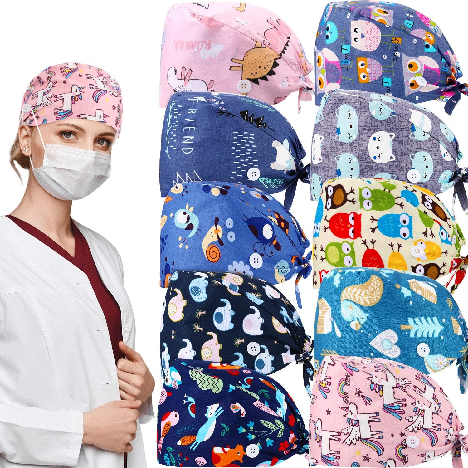 10 Pieces Women Scrub Caps Surgical Nurse Working Hats with Button and Sweatband Adjustable Elastic Nursing Bouffant