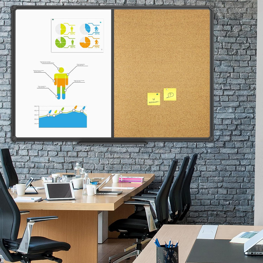 White Board & Bulletin Corkboard Combination, Combo Board 48 x 36 Magnetic Whiteboard, Black Aluminum Frame Wall