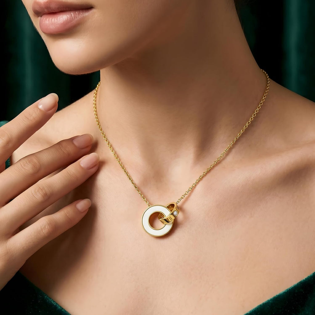 Pendant Necklace For Women, 18K Gold-Plated Chain, with Enamel Circle
