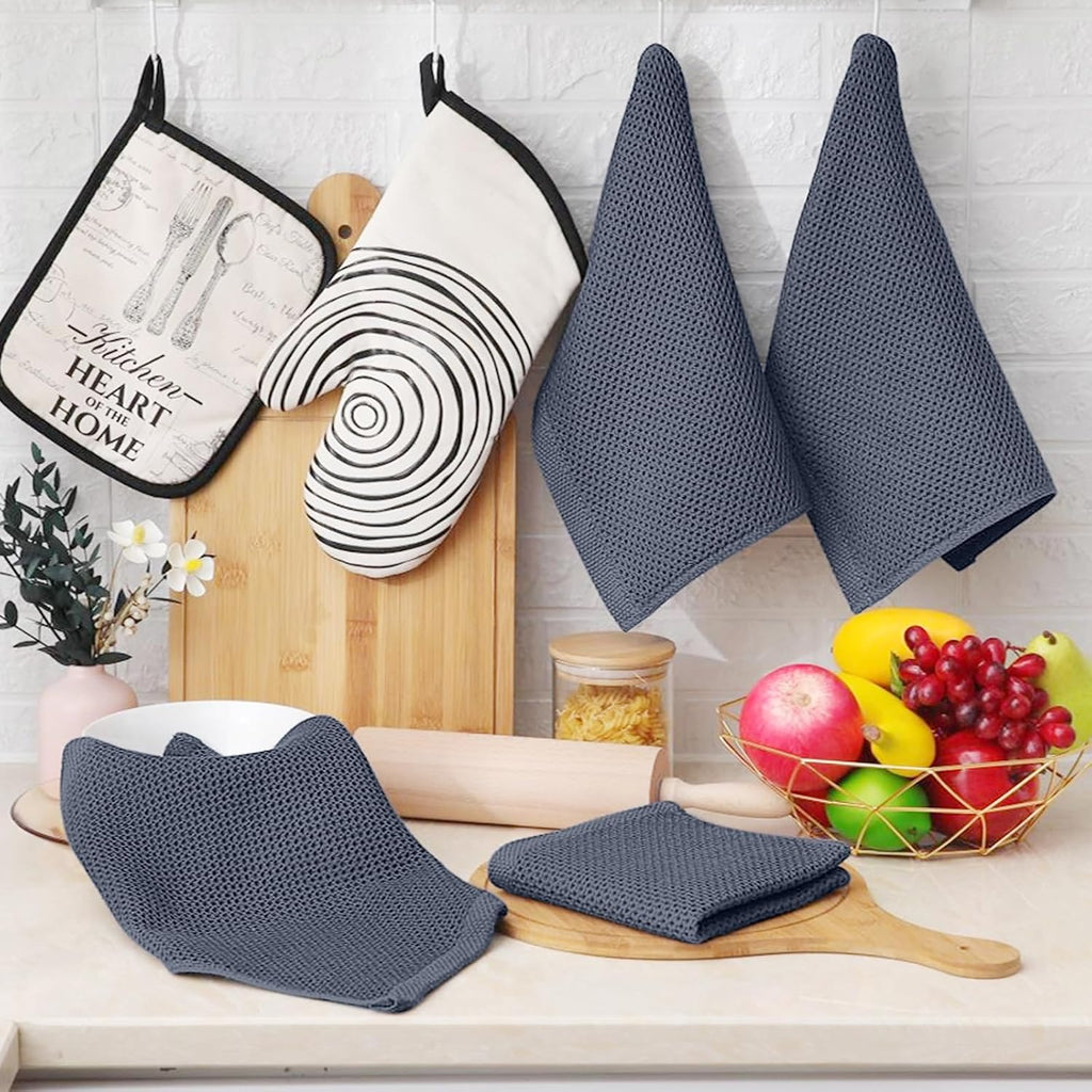 100% Cotton Waffle Weave Kitchen Dish Cloths, 4-Pack, Dark Grey | 12 x 12 Inches, Ultra Soft Absorbent Dish Towels