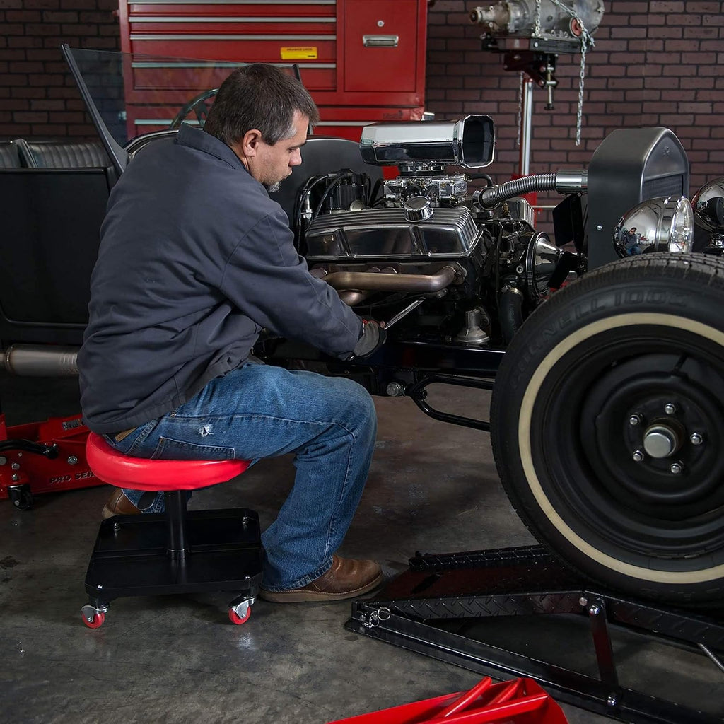 TR6350 Torin Rolling Pneumatic Creeper Garage/Shop Seat: Padded Adjustable Mechanic Stool with Tool Tray Storage, Red