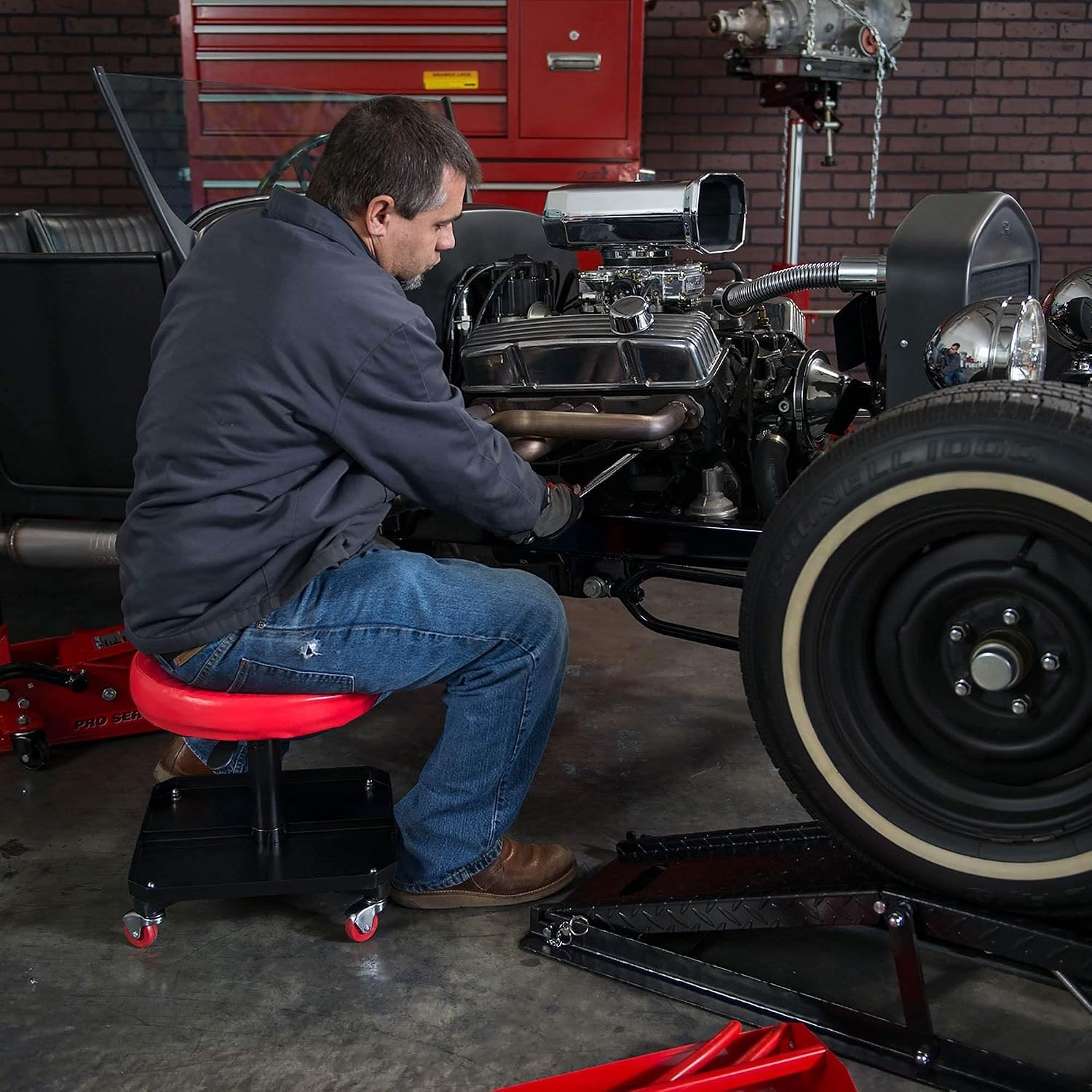 TR6350 Torin Rolling Pneumatic Creeper Garage/Shop Seat: Padded Adjustable Mechanic Stool with Tool Tray Storage, Red