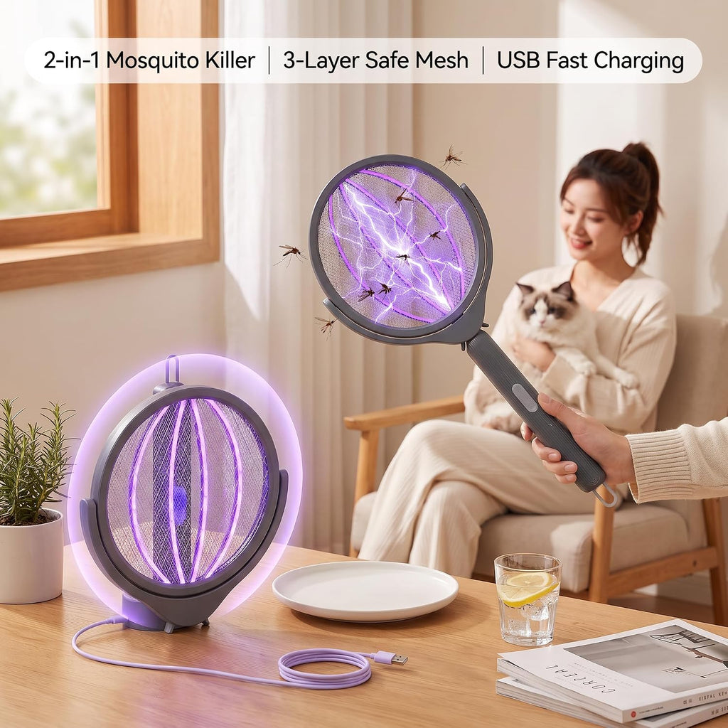 Rotating Head Electric Fly Swatter Rechargeable, 360° Swivel Mosquito Zapper Racket with Telescopic Extension Handle