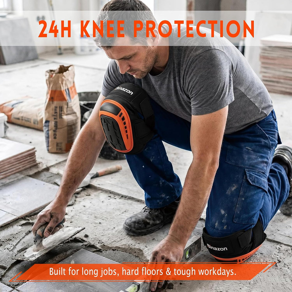Heavy Duty Knee Pads for Work, Gel Cushion, Adjustable Straps, Orange