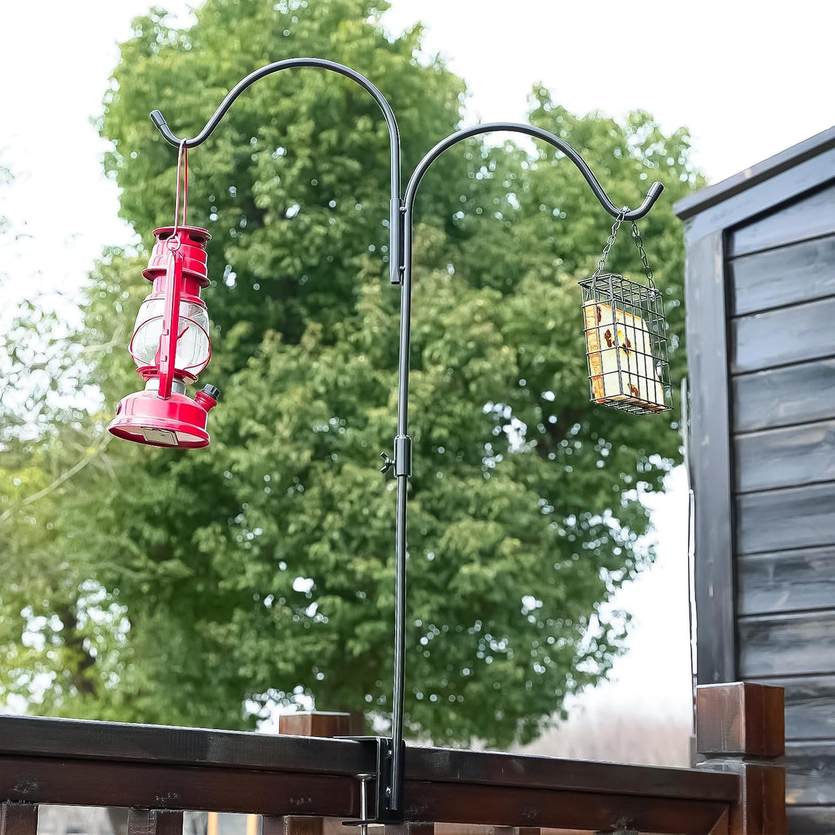 35 Inch 2 Pack Double Deck Hook for Railing, Deck Bird Feeder Pole with 3 Inch Strengthened Clamp for Hanging Bird