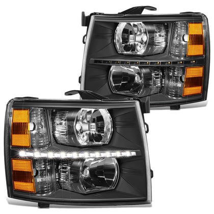 Pair LED DRL Headlights Compatible with 07-13 Chevy Silverado 1500 07-14 Silverado 2500 3500 HD, Black/Amber