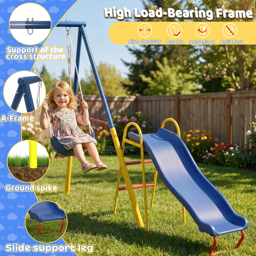 Swing Set for Backyard, 3 in 1 Metal A-Frame Swing Set with Slide, Saucer Swing & Belt Swing for Kids, Outdoor