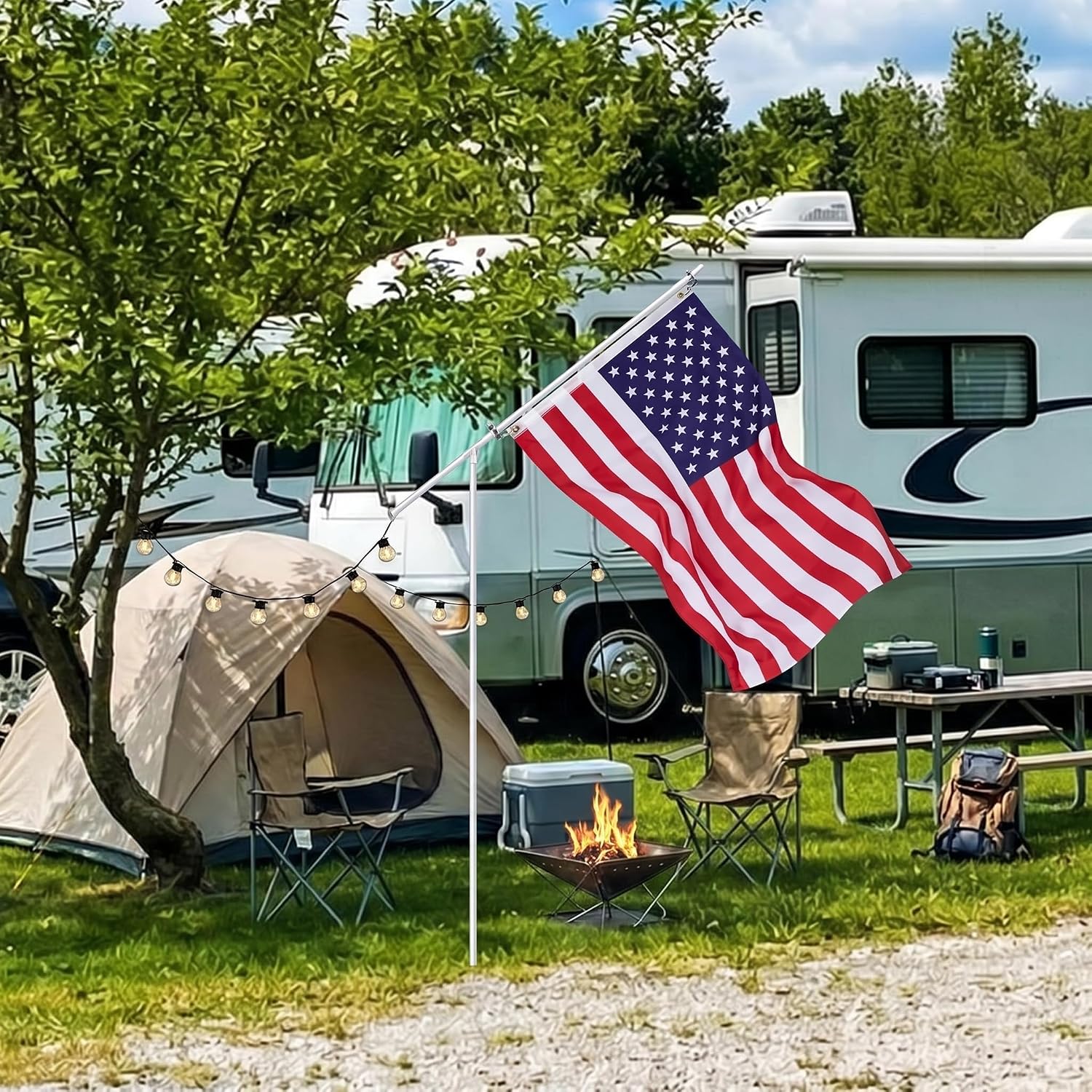 Portable Flag Pole Kit with 3'x5' American Flag-PVC Telescoping Flagpole for RV, Camping, Tailgate-Tire Mount &