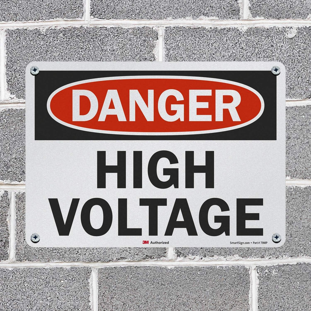 3M Engineer Grade Reflective OSHA Safety Sign, Legend "Danger: High Voltage", 10" high x 14" wide, Black/Red on White